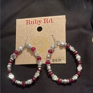 Earrings: large hoops, faux garnet and silver
